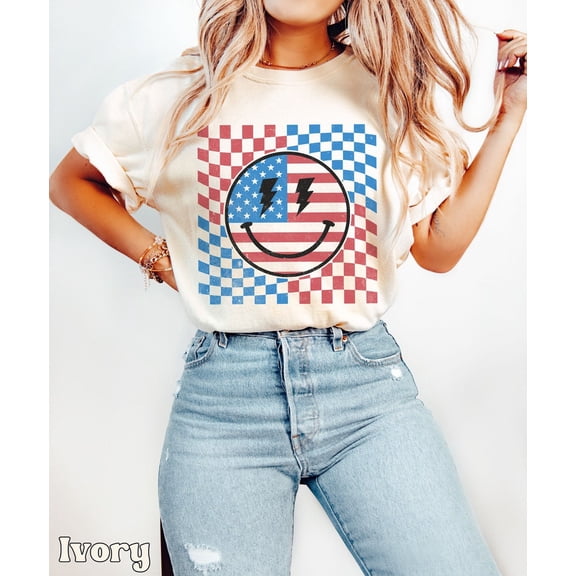 Retro America Smiley Face Shirt, Red White and Blue Checkered T-shirt, USA Smiley July 4 Tee, Retro American Patriotic Gift