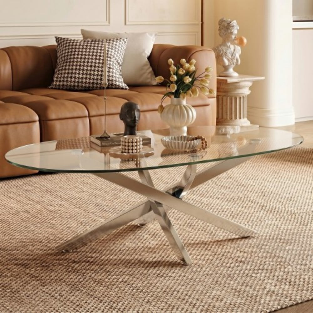 Oval Coffee Table, 39.37" Tempered Glass Top with Antique Silver Cross Legs, Modern Side Table, Tea Table for Living Room, Apartment, Cafe