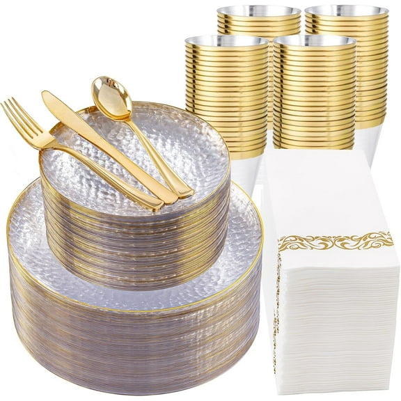 350PCS Clear Gold Plastic Dinnerware Set for 50 Guests, Hammered Disposable Plates for Party, Include: 50 Dinner Plates, 50 Dessert Plates, 150 Gold   lverware, 50 Napkins, 50 C  s