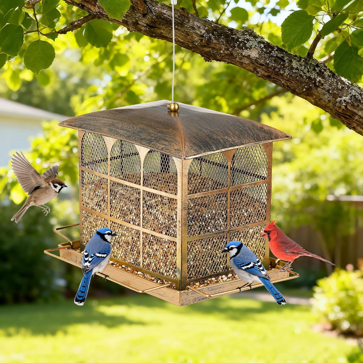 Large Bird Feeder, Heavy Duty Metal Bird Feeders for Outdoor Hanging, 9.5LB Seed Capacity Wild Birdfeeder for Outside Garden Decoration