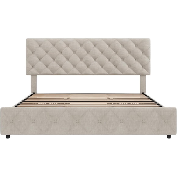 Queen platform marco de cama con 4 cajón almacenamiento, adjustable cabecero, pu leather tufted upholstery, no necesita colchón base, noise-free wood slat support