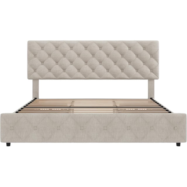 Queen platform marco de cama con 4 cajón almacenamiento, adjustable cabecero, pu leather tufted upholstery, no necesita colchón base, noise-free wood slat support