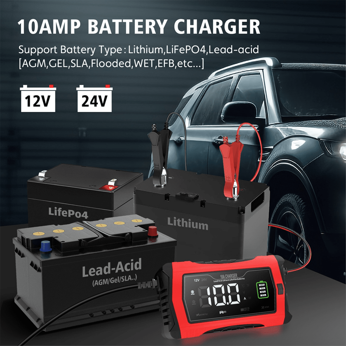 10A Automatic Charging for Lithium LiFePO4 GEL Lead-Acid Batteries 12V 24V Charger Car Battery Charger(US)