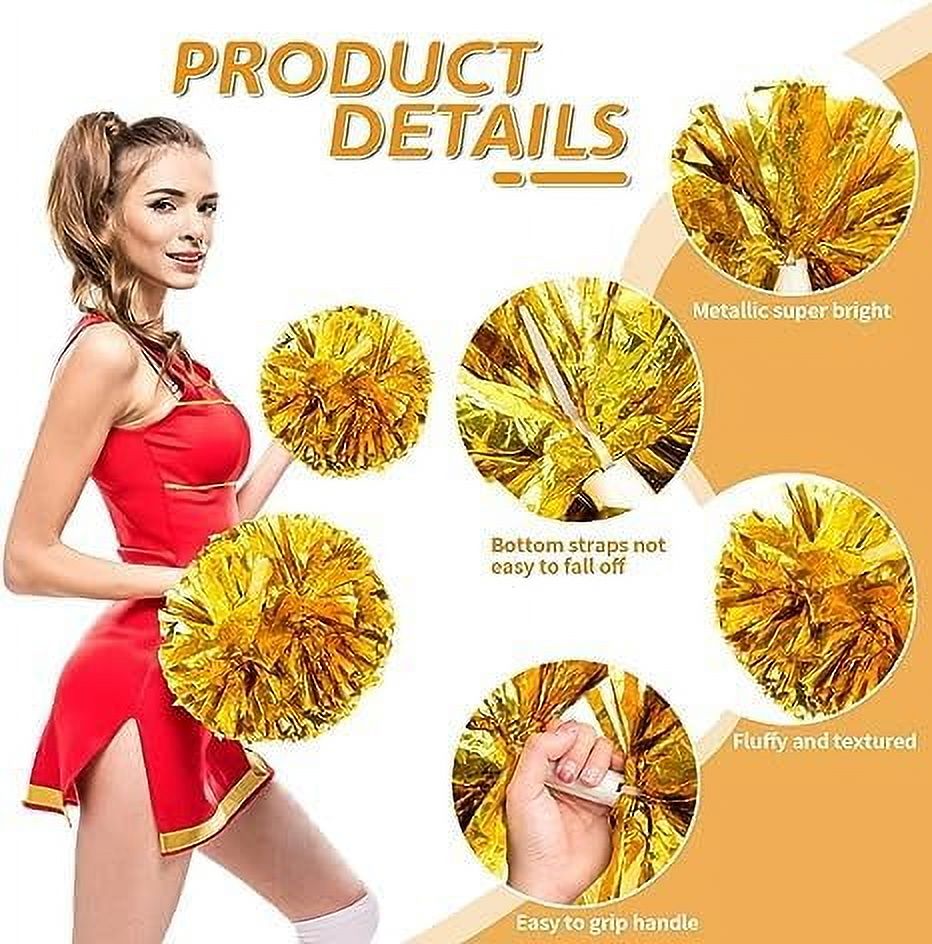 Metallic Cheerleading Pom Poms, 4Pcs Cheerleaders Cheer Pom Poms with Baton Handle, Cheering Squad Hand Flower