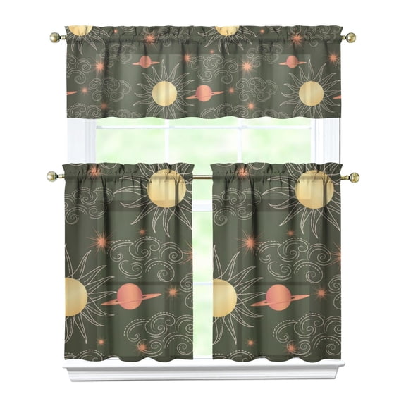 Kitchen Curtains 36 Inch Short - 3 Panel Set, Gothic Celestial Sun and Moon Print, Mystical Starry Night Astrology Aesthetic, Rod Pocket Window Curtain, Easy Wash