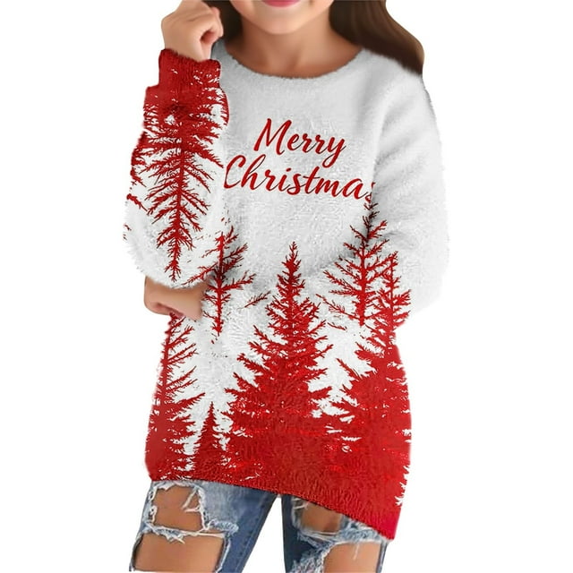 XXWXYD Chandail en Molleton Graphique de Noël pour Filles, Col Rond Manches Longues Chandail pour Automne Hiver Vacances, Chemise Décontractée de Noël avec Design Festif, Cadeau de Vacances 2023 pour Enfants