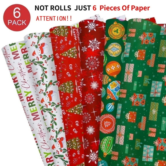 6Pcs Christmas Wrapping Paper,Wrapping Paper Rolls,Red Christmas Tree, Snowman Wreath, Snowflakes Colored Balls Gift Wrap Paper for Xmas,Party,Birthday,Celebration Decorations
