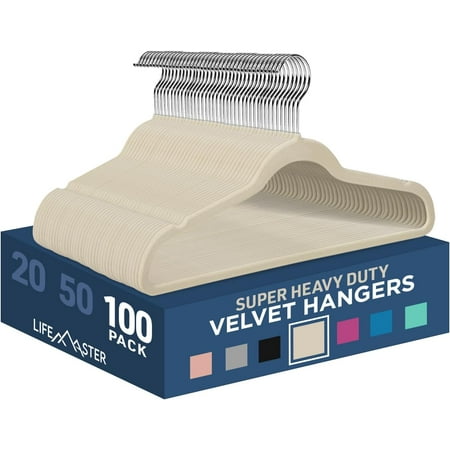 LifeMaster 100 Pcs. Velvet Non-Slip Hangers - Heavy Duty, Space-Saving, Frustration-Free, Stylish Closet Organization (Ivory) - Organize Effortlessly, Protect Delicate Fabrics, Time-Saving Hanging