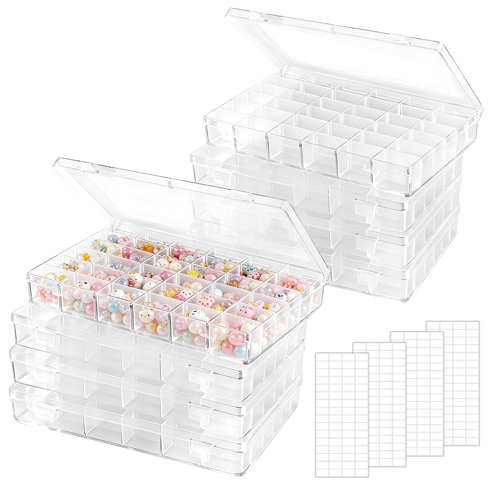 8 Pcs Bead Storage Containers, 36 Grids Plastic Organizer Box with Removable Dividers and Label Stickers, Clear Jewelry Craft Storage Case for Beads, Small Accessories, 10.8 x 6.9 x 1.7 in