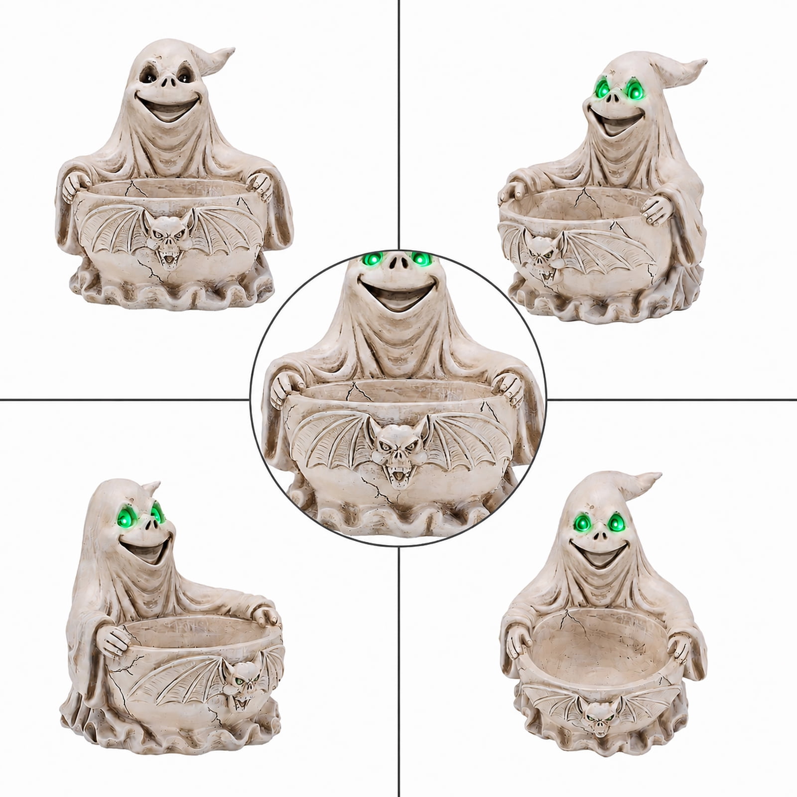 Halloween Ghost Storage Bowl with LED Light, Spooky Resin Candy Dish and Tabletop Decor for Halloween Party, White