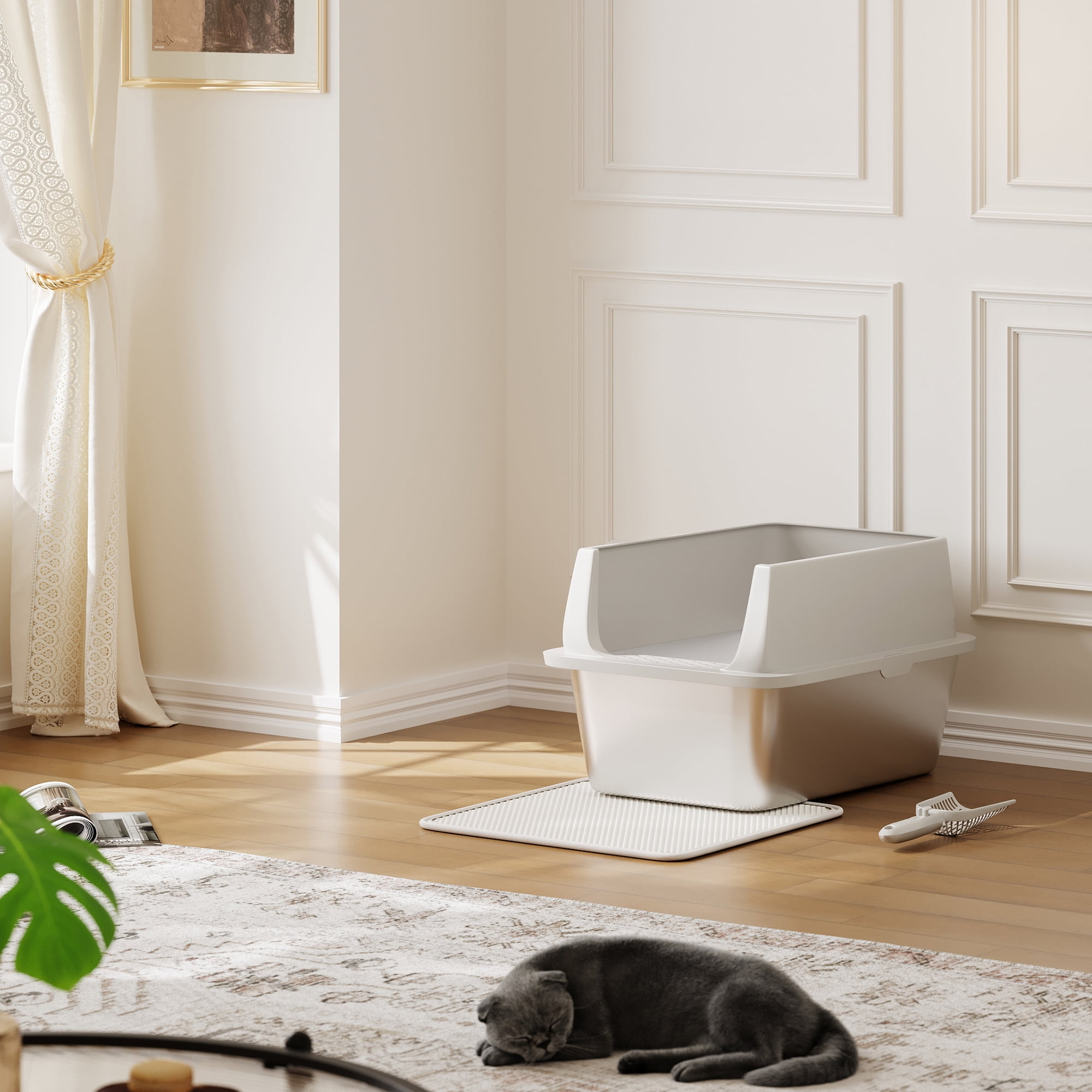 Garvee Large Stainless Steel Cat Litter Box with Lid, Enclosed Metal Litter Box for Big Cats, High Sided Anti-Leakage Design with Scoop and Mat, Odor Control with Carbon Filter