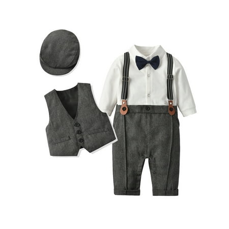 

elfinBE Baby Boy Toddler Gentleman Long Sleeve One-piece Shirt Vest Hat And Suspender Pants 4PCs Outfits Set 6-24M 2-3T