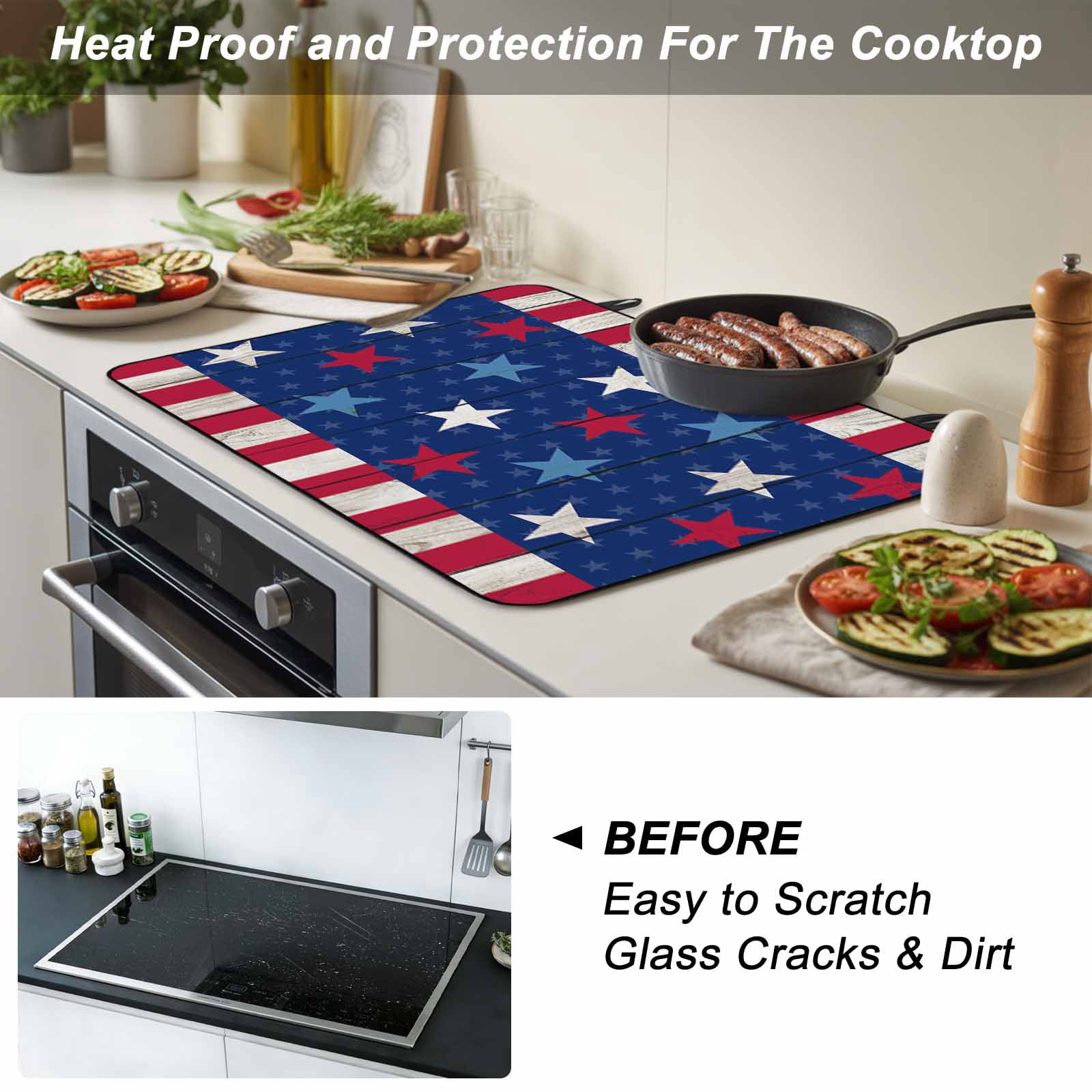 4th of July Stove Top Cover for Electric Stove, Heat-proof & Non Slip Glass Top Stove Cover Protector, Star Red Stripes Wood Independence Day Kitchen Flat Cooktop Rubber Mat 24x21 Inches