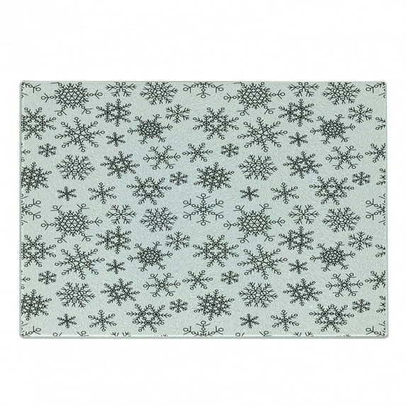 Snowflake Cutting Board, Line Art Design Snowflake Pattern Geometric Arrangement with Circles Hexagons, Decorative Tempered Glass Cutting and Serving Board, Small Size, Black White, by Ambesonne