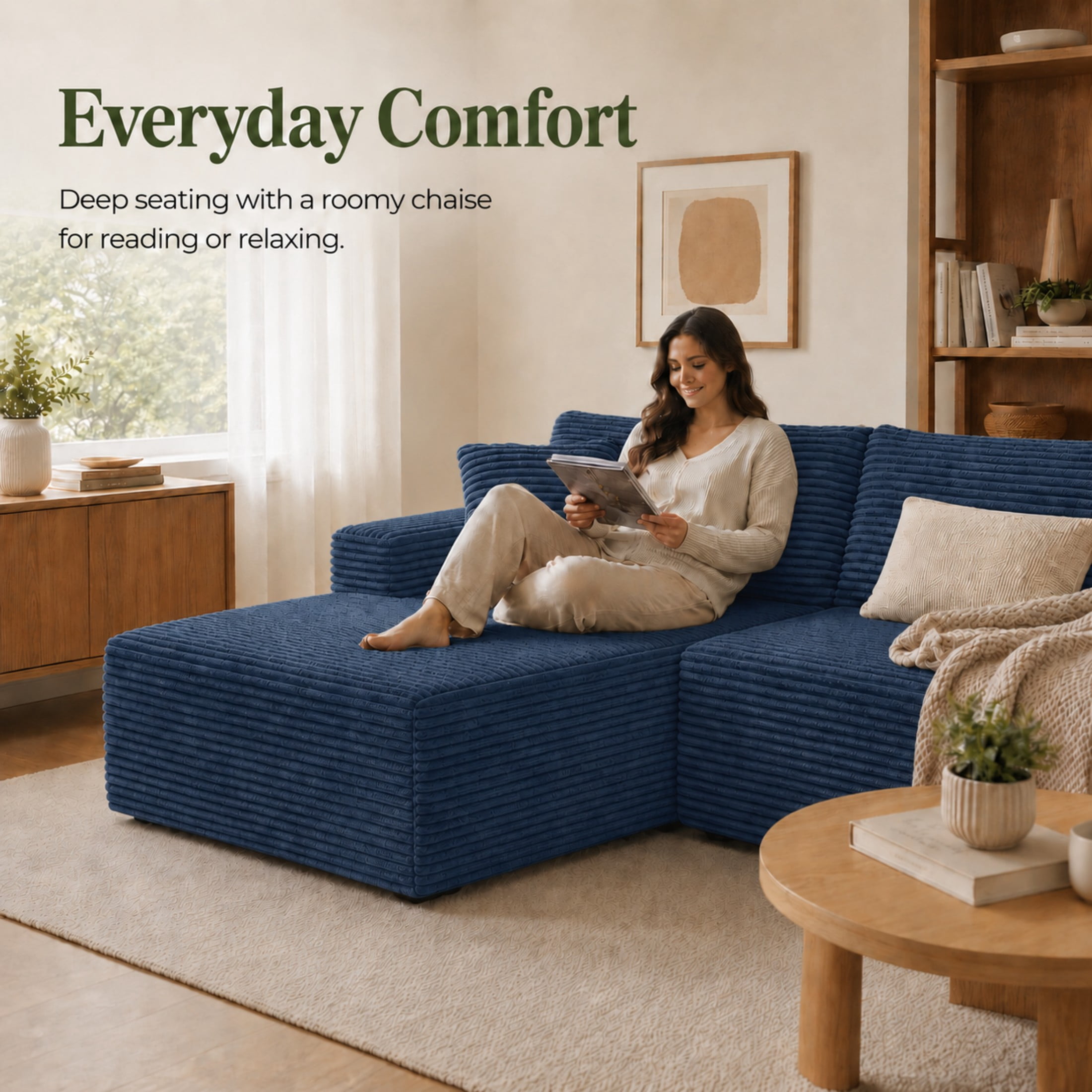 Aenkyo 106 Inch Corduroy L-Shaped Cloud Sectional Sofa with Reversible Chaise, Blue