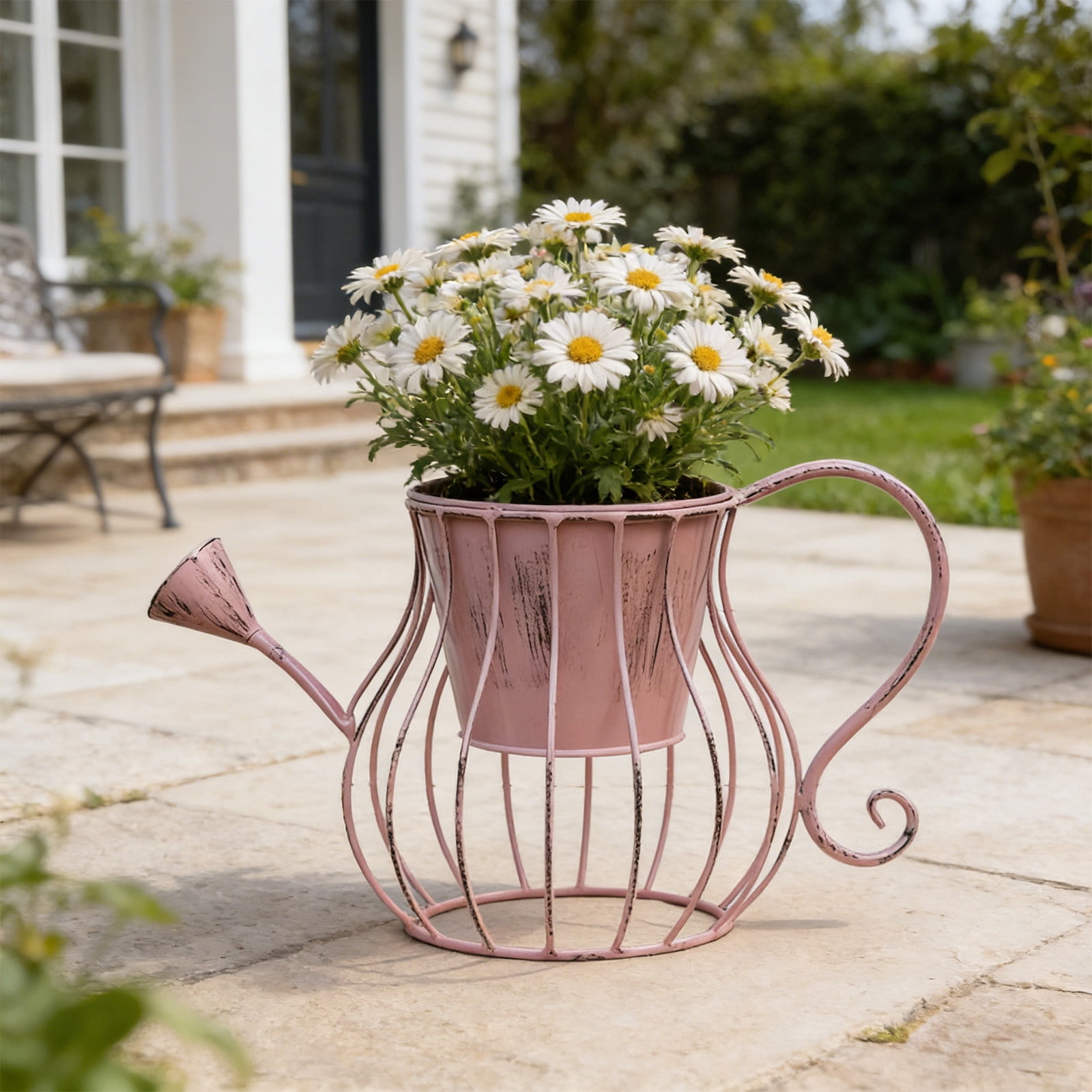 Oioii Wrought Iron Watering Can Shape Flower Pot, Decorative Planter for Garden, Balcony and Patio, Vintage Style Ornament for Potted Plants and Outdoor Home Decoration,Pink