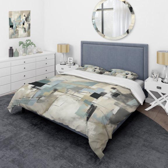 Designart "Unbounded Creativity Beige and Grey II" Abstract Painting Bedding Covert Set - Modern Beige Abstract Bed Set With 2 Shams