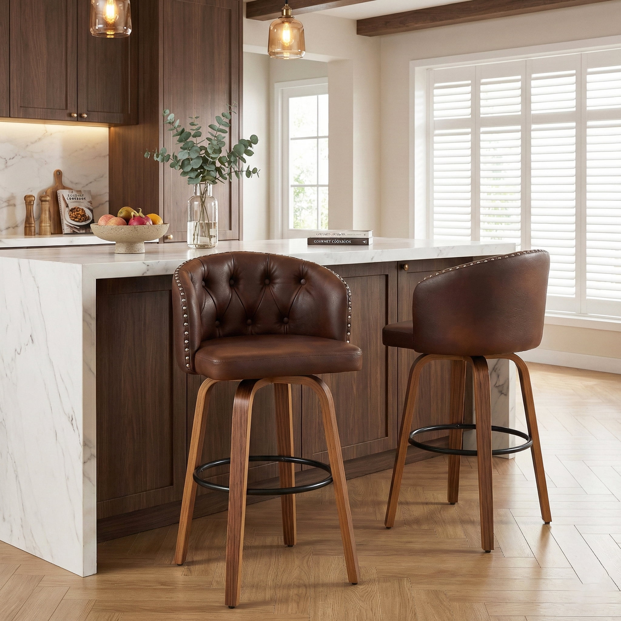 Fahomiss 26" Swivel Counter Height Bar Stools with Back Set of 2, Brown Leather Kitchen Stools