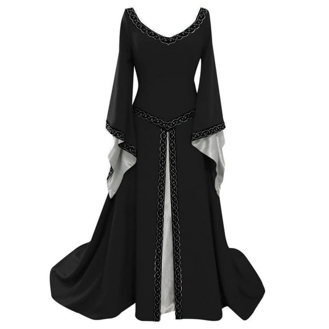Costumes d'Halloween pour Femmes Robe Renaissance Manches Papillon Robe Maxi Robes Soirée Rétro Médiévale Cosplay Costumes Noir,TG