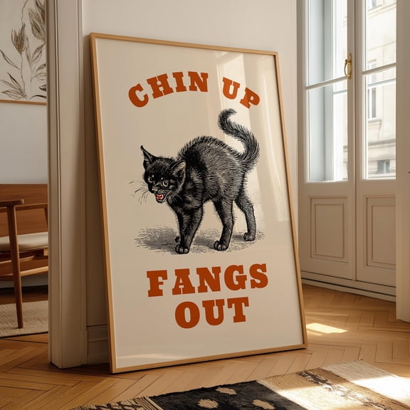YaHaku Chin Up Fangs Out Poster Retro Halloween Black Cat Wall Art Vintage Spooky Cat Print Funny Gothic Decor Witchy Fall Halloween Sign