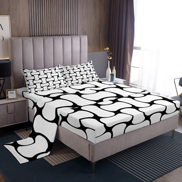 Erosebridal Modern Abstract Patchwork Twin Sheet Sets, Abstract White Black Bedding Twin Size 3 Pieces