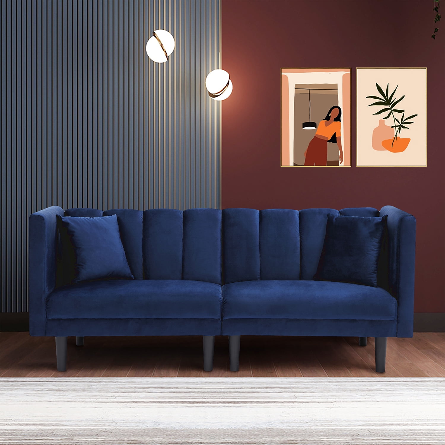 Kadyn Futon Sofa, Fabric Futon Sofa Bed with 2 Pillows, Modern Convertible Futon Sofa for Small Rooms, Navy Blue Kadyn Futon Sofa, Fabric Futon Sofa Bed with 2 Pillows, Modern Convertible Futon Sofa for Small Rooms, Navy Blue