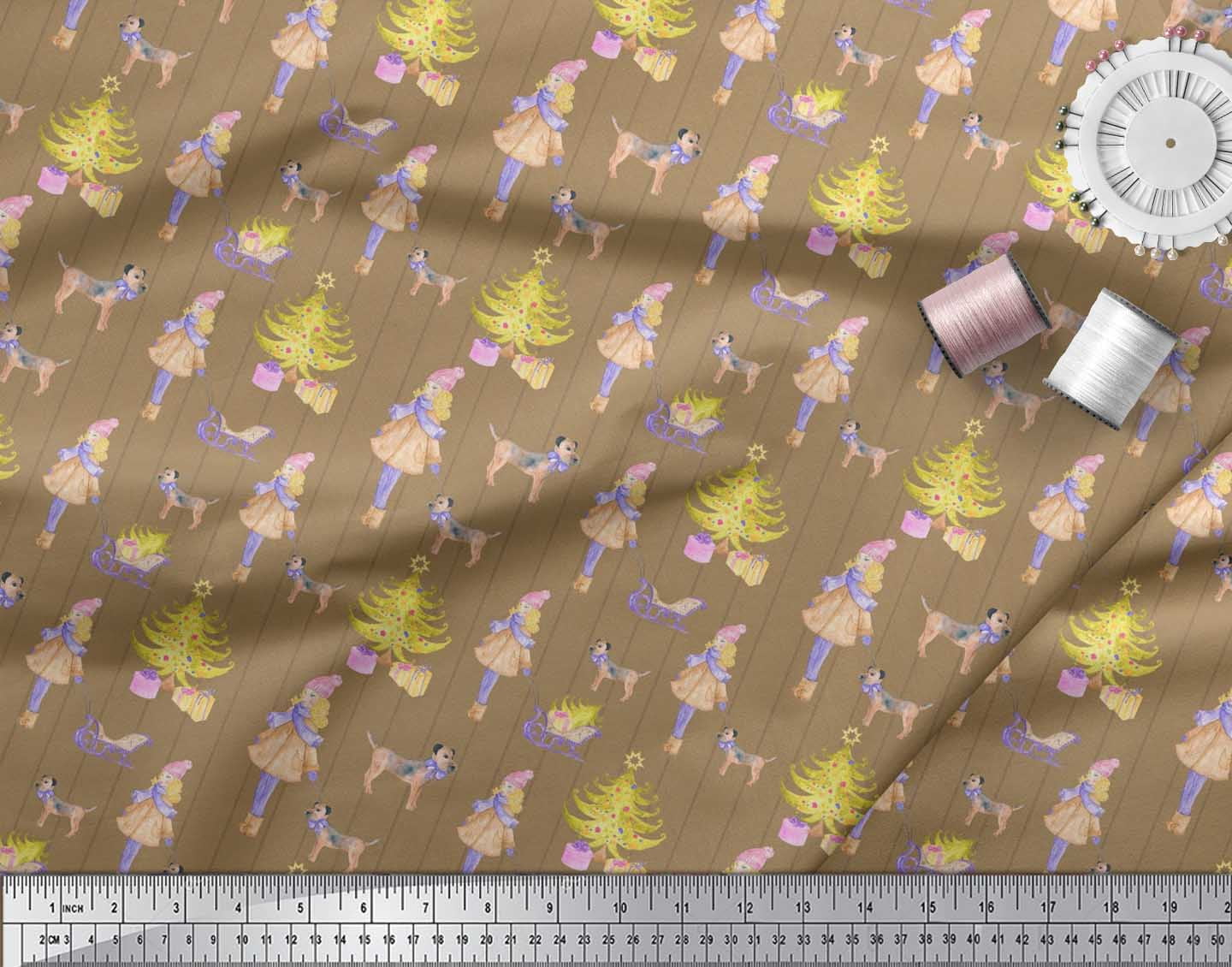 Soimoi Brown polyester Crepe Fabric Women,Gift Box & Tree Christmas Fabric Prints By Yard 42 Inch Wide