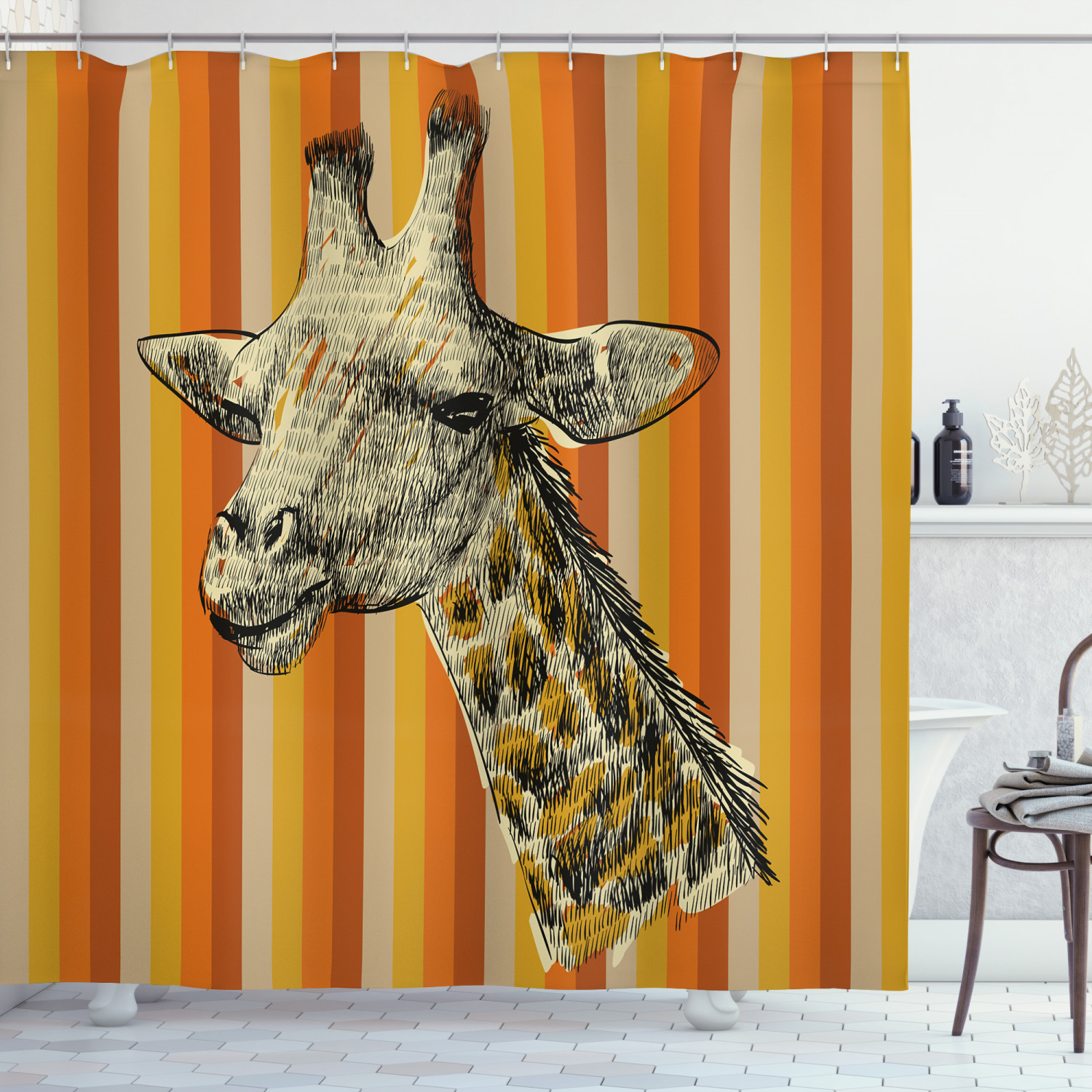 Giraffe Shower Curtain, Sketch Style Image Portrait of Hipster African