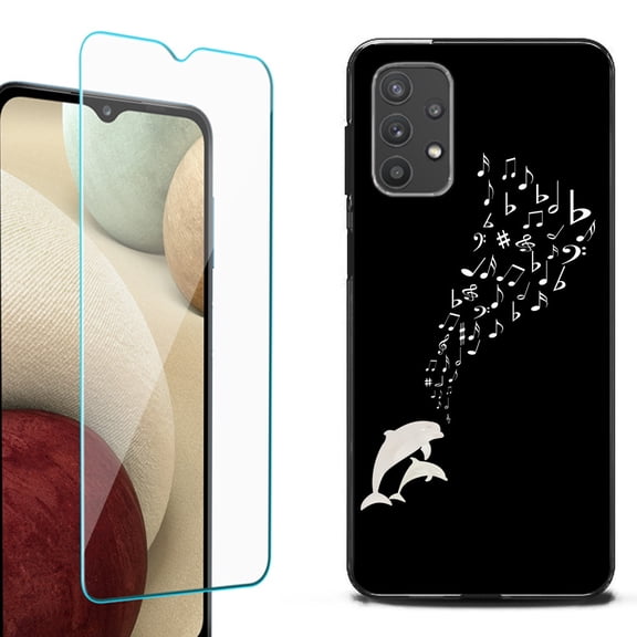 Slim-Fit Flexible TPU Gel Phone Case (black) for Samsung Galaxy A32 5G, with Tempered Glass Screen Protector, by OneToughShield ® - Dolphin Music