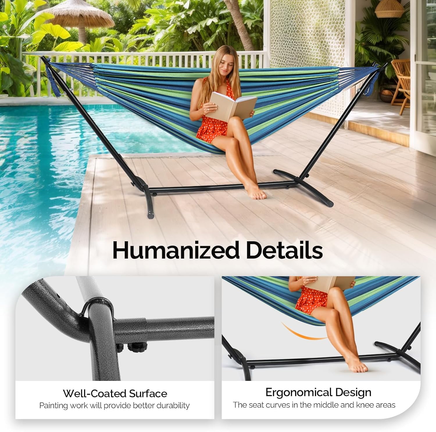 ONCLOUD Heavy Duty 550 LBS Double Hammock with Stand Included with Portable Carrying Bag, Upgraded 2 Person Hammock with Frame for Outdoors & Indoors, Series TDCTZ2 - Blue Green Stripe