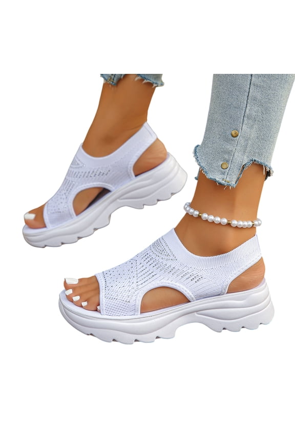 Womens Orthopedic Walking Sandals 2026 with Arch Support Summer Open Toe Knitted Slip On Sports Shoes Lightweight Platform Sandals White 41(US-8.5)