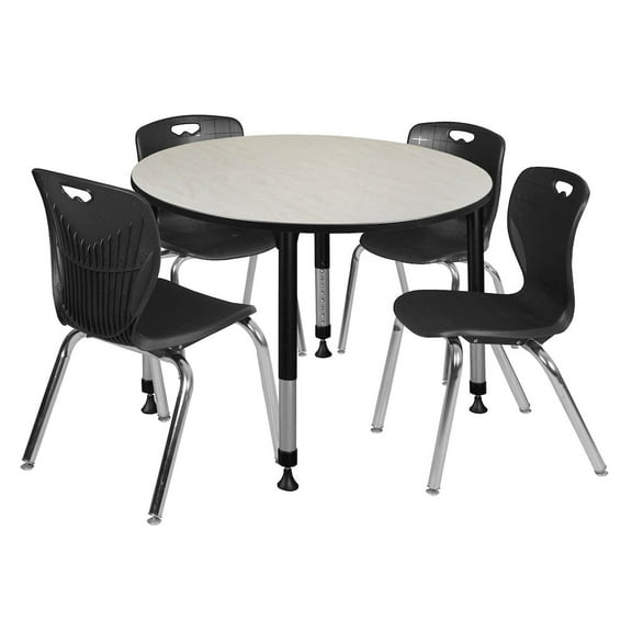 Regency 48 Round Adjustable Classroom Table- Maple & 4 Andy 18 Stack Chairs- Black