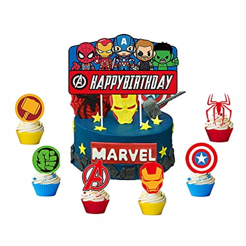 24 Personalised Marvel Heroes Toppers Party Flags Decorations Cup cake Picks 