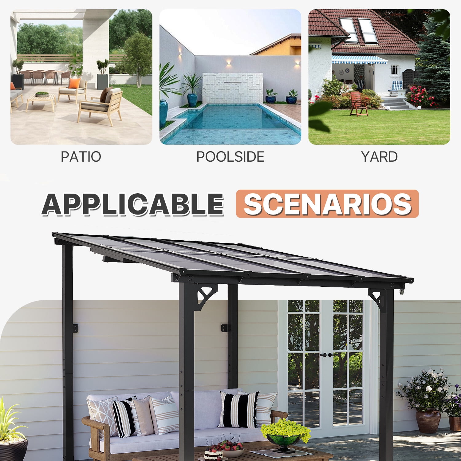BaPiPro 8'x10' Hardtop Gazebo, Wall Mounted Lean-To Pergola for Patio, Aluminum Frame & Polycarbonate Roof, Waterproof Outdoor Canopy for Backyard, Porch, Deck