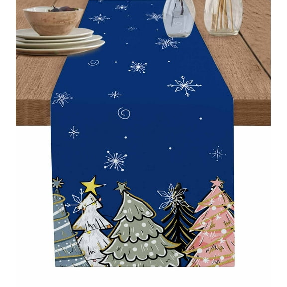 Blue Christmas Tree Burlap-Cotton Table Runner 70 Inches Long,Xmas Tree Cute Snowflake Farmhouse Table Runners,Outdoor Dining Tablecloths Decor for Baby Shower/Party/Wedding 13x70