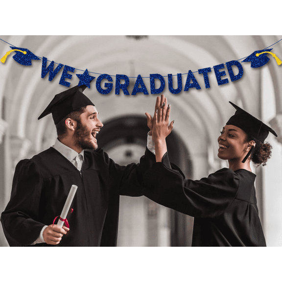 We Graduated Blue Glitter Banner, Graduation Party Decoration, Black and Gold Theme