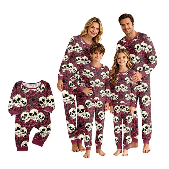 HTHLVMD Matching Pajamas for Family, Halloween Pajamas for Family, 2 Piece Long Sleeve Pajama Sets, Skull Rose Floral Print Comfy Loungewear Pjs, Gothic Cozy Matching Sleepwear, 12 Months