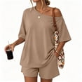 thumbnail image 3 of 2 Piece Sets for Women Summer 2026 Off the Shoulder T Shirt Casual Shorts Matching Comfy Lounge Sets Airport Travel Outfit,Khaki,S, 3 of 8