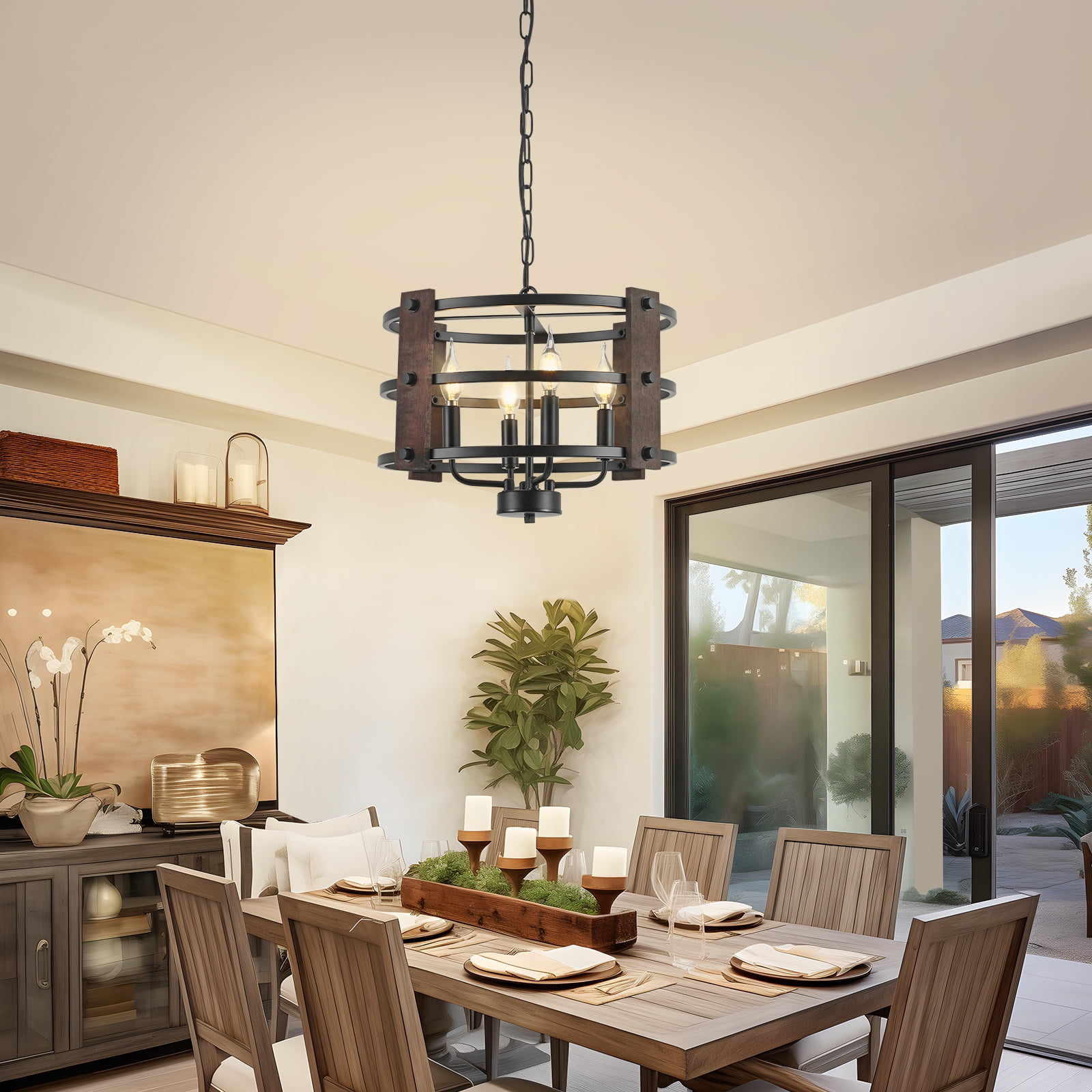 Drum Farmhouse Chandeliers, Black Pendant Light Semi Flush Mount Ceiling Lighting Fixture