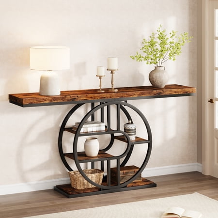 Console Table 55 Inch, Sofa Table with 3-Tier Storage Shelves and O-Shaped Metal Frame, Narrow Entryway Table for Dining Room, Hallway & Living Room