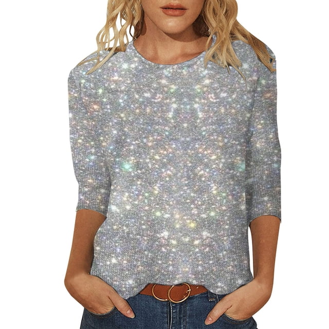 YDLCAFD T-Shirt Femme Manches 3/4 Imprimé Paillettes Col Rond T-Shirt