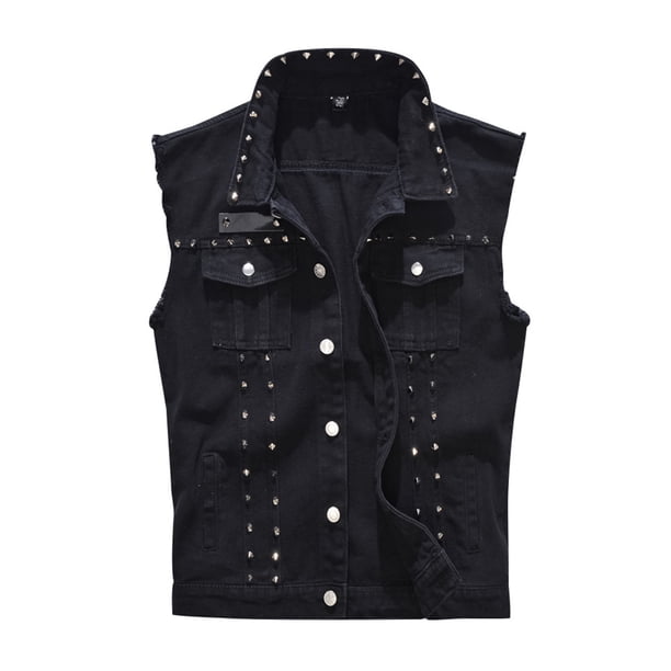 Titcea Mens Punk Denim Vest Sleeveless Jean Jackets With Rivets