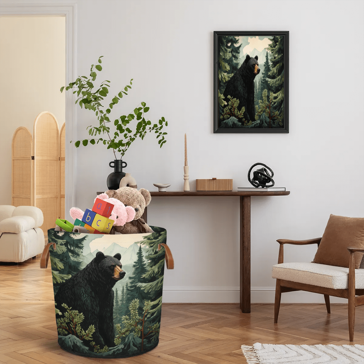 ADECORIVY Black Bear Forest Laundry Basket Waterproof Collapsible Hamper With Handles Oxford Cloth Dirty Clothes Tote for Bathroom, Bedroom, Living Room