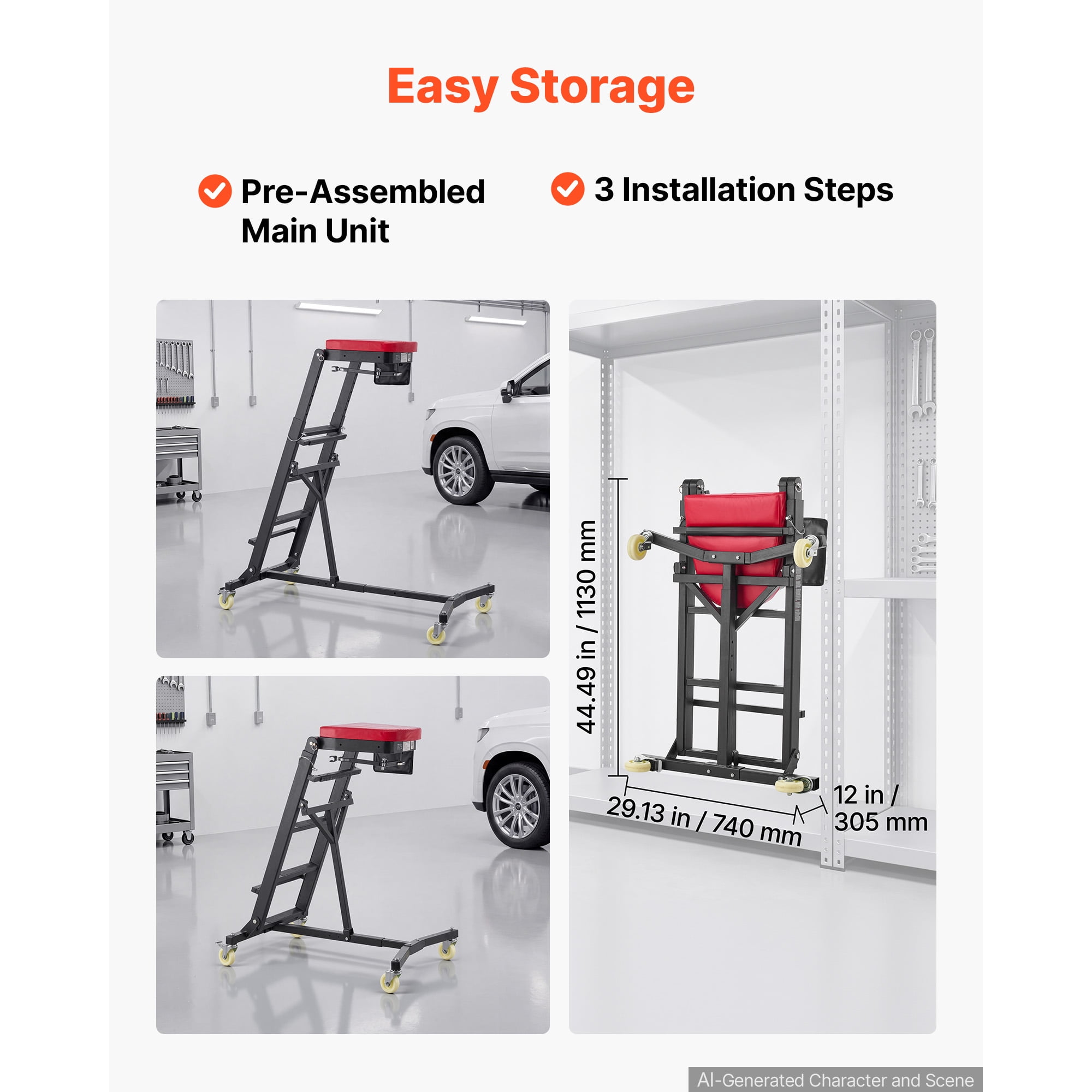 KFFKFF Adjustable Automotive Creeper 48"-64" with Folding Arm, Foldable High-Top Engine Creeper, 400LBS Durable Support, Stable I-Shaped Base, 4-Wheel Smooth Movement for Vehicle Maintenance