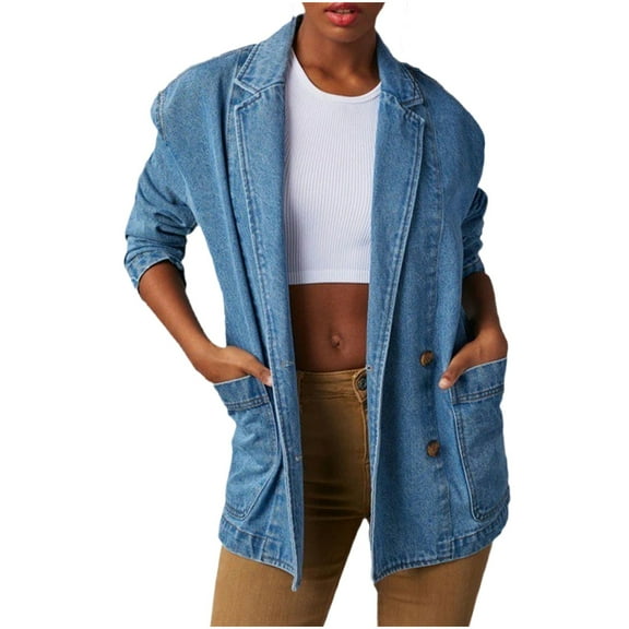 CaComMARK PI Womens Oversized Denim Jacket Casual Button Up Blazer Notched Lapel Jean Shacket Coat Blue 8(L)