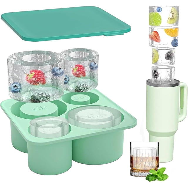 Bandeja para Cubitos de Hielo Compatible con Stanley Cup 2025,Moldes de Silicona para Cubitos de Hielo con Tapa para Hacer 4 Cubos de Hielocilíndricos Huecos, Bebida de Hielo, Zumo, Whisky, Cóctel.