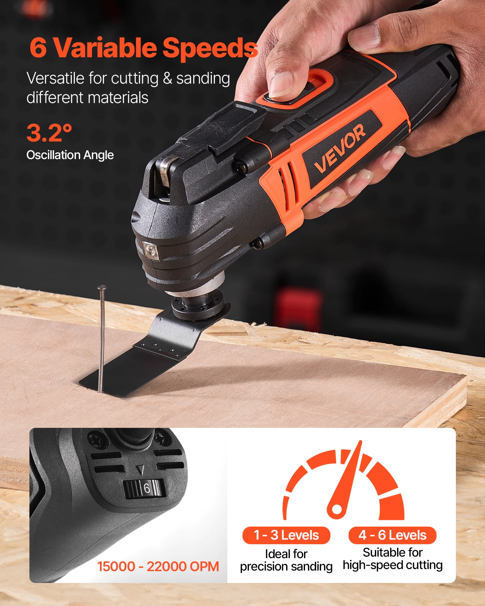 VEVOR Multitool Oscillating Tool, 3Amps Corded Oscillating Multi Tool with 6 Variable Speeds 15000 - 22000 OPM, 3.2° Oscillating Angle, 13PCS Saw Accessories, LED Work Light & Tool Bag