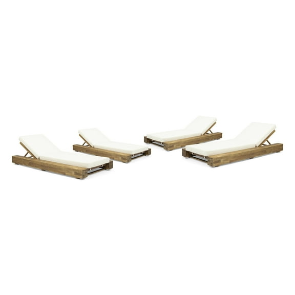 GDF Studio Alhambra Outdoor Acacia Wood Armless Adjustable Chaise Lounges with Cushion, Set of 4, Sandblasted Teak and Cream
