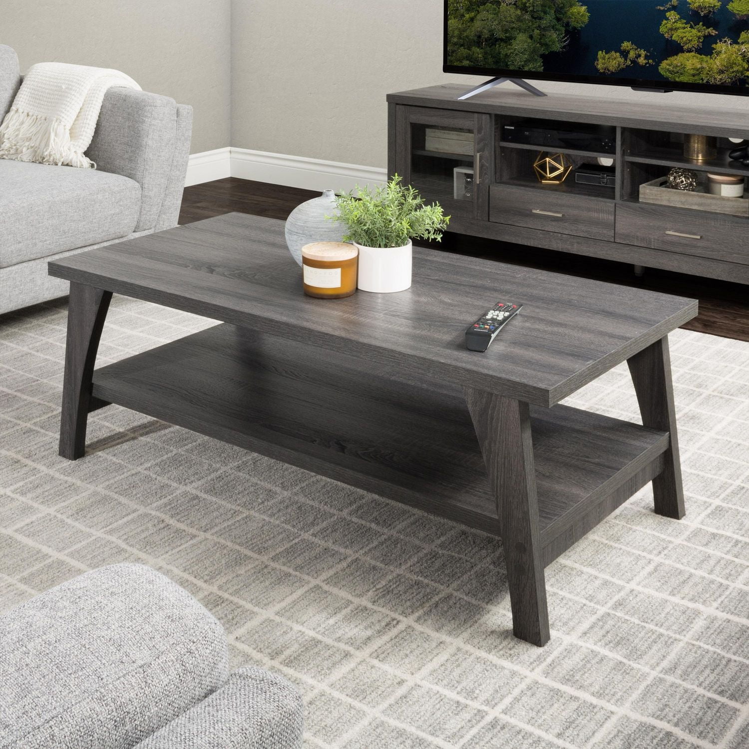 CorLiving Hollywood Mid-Century Modern Dark Grey Engineered Wood Two-Tier Indoor Coffee Table
