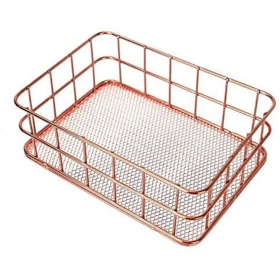 Desk Drawer Organizer Rose Gold Wire Basket Metal Mesh Holder for Storage Cosmetic Stationery